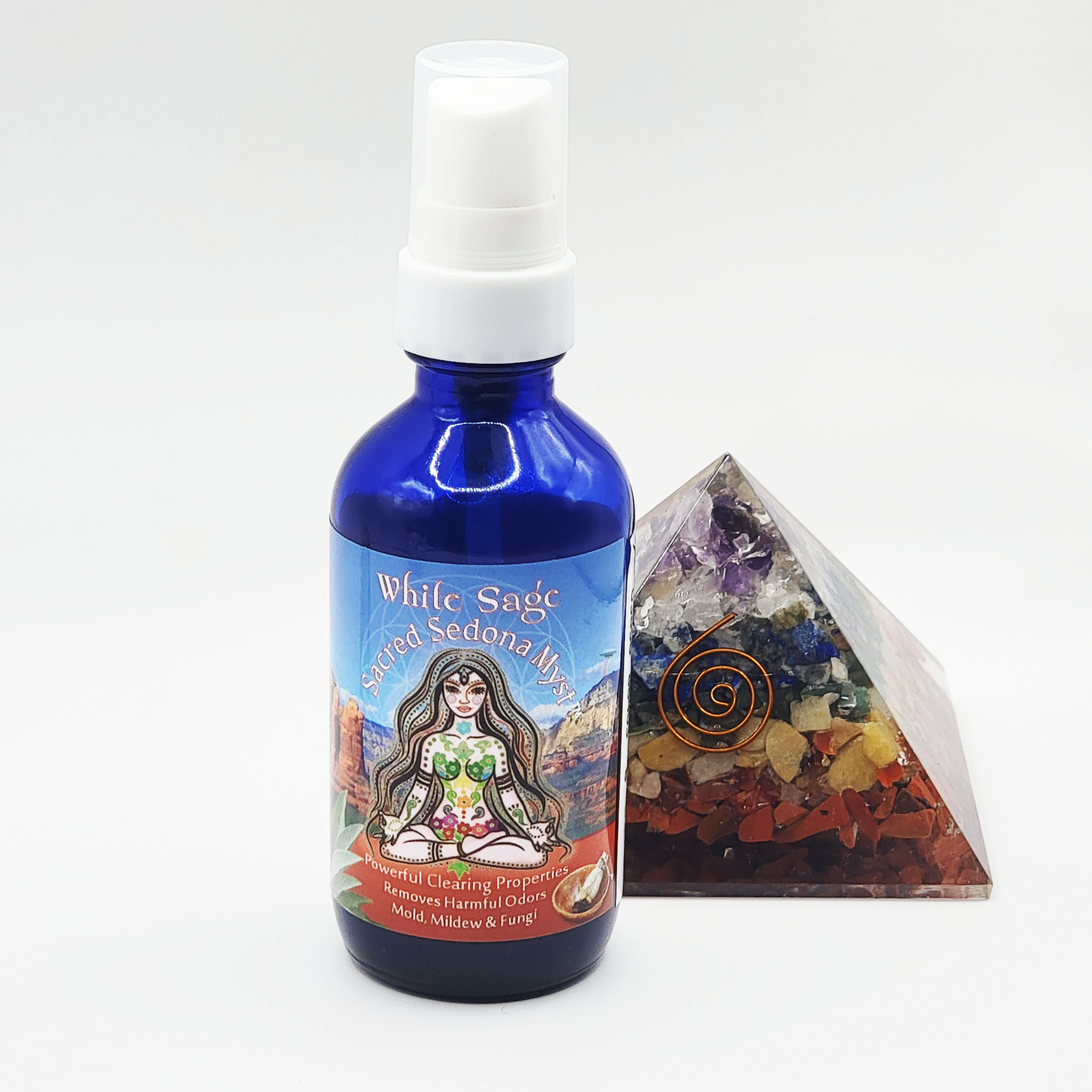 Natural White Sage Myst spray showcasing premium ingredients like Oak Creek Spring Water and White Sage Essence.