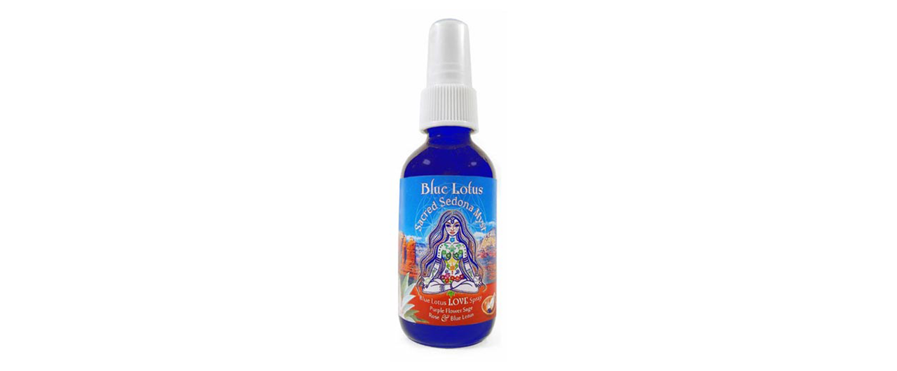 Bottle of Sedona Myst's Blue Lotus Myst featuring natural ingredients like Oak Creek Spring Water and Rose Essential Oils.