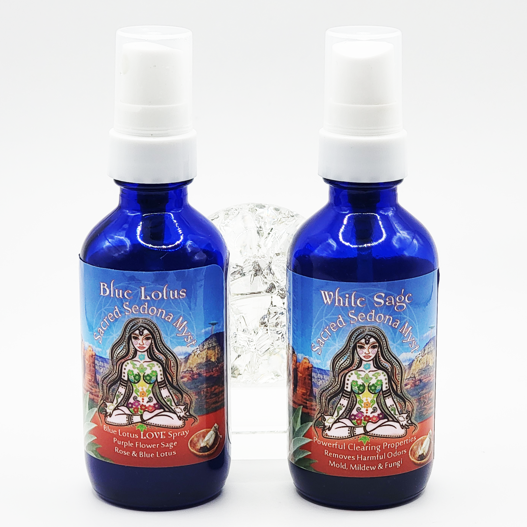 Cleansing sprays by Sedona Myst, featuring White Sage and Blue Lotus Myst, promoting natural wellness in stylish bottles.